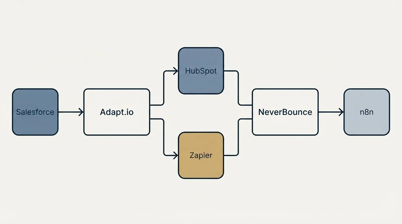 Integration flow: Integration Ecosystem (Adapt.io, NeverBounce, HubSpot, Zapier)