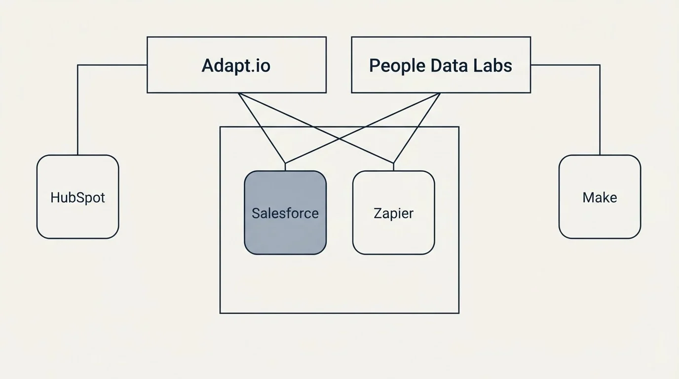 Integration grid: Integration Ecosystem (Adapt.io, People Data Labs, Salesforce, Zapier)