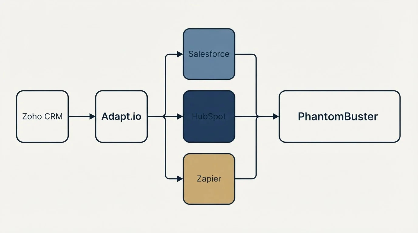 Integration flow: Integration Ecosystem (Adapt.io, PhantomBuster, Salesforce, HubSpot)