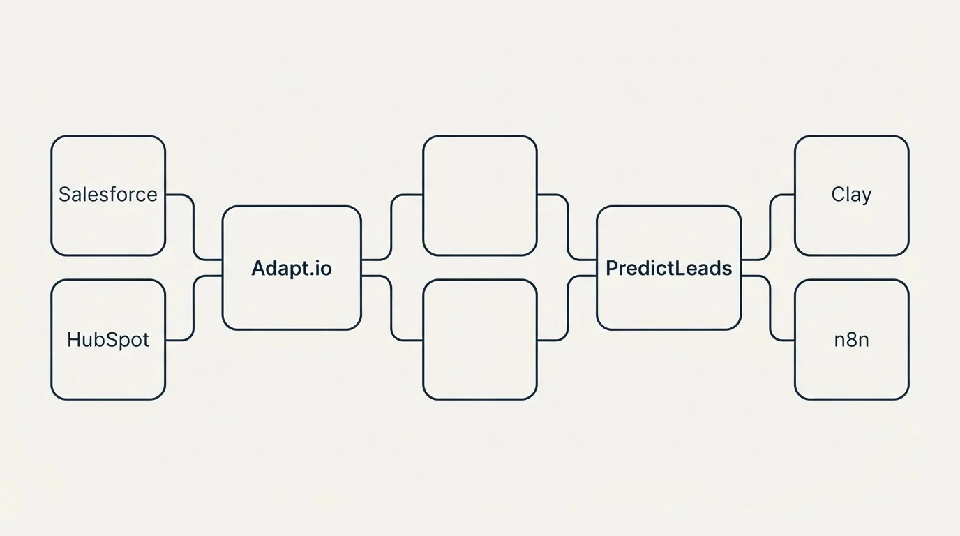 Integration schematic: Integration Ecosystem (Adapt.io, PredictLeads, Salesforce, Clay)