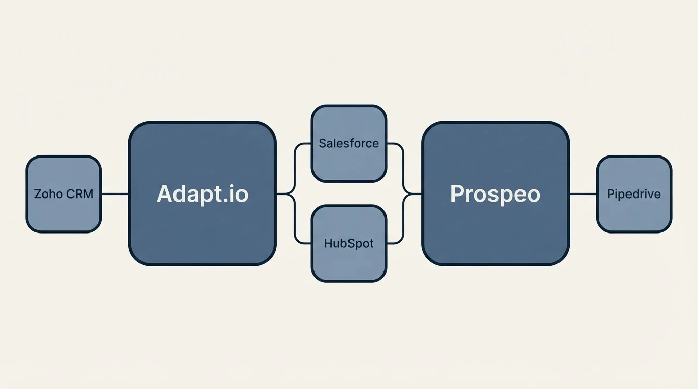 Integration schematic: Integration Ecosystem (Adapt.io, Prospeo, Salesforce, HubSpot)