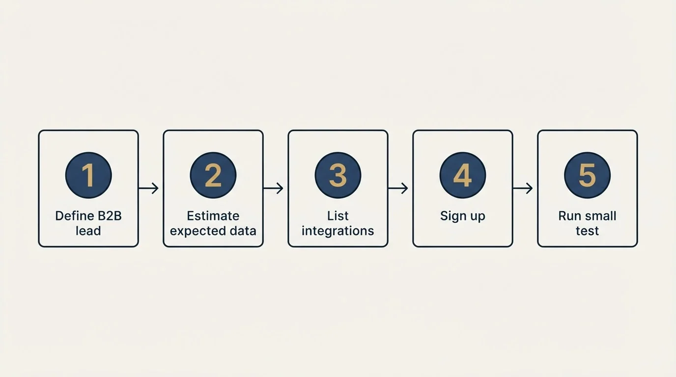 Step sequence: Getting Started Checklist (Define B2B lead, Estimate expected data, List integrations, Sign up)