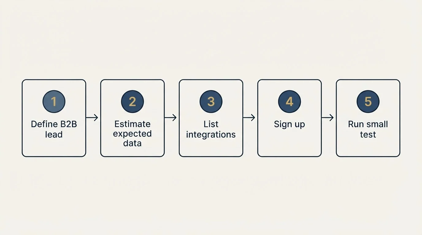 Step sequence: Getting Started Checklist (Define B2B lead, Estimate expected data, List integrations, Sign up)