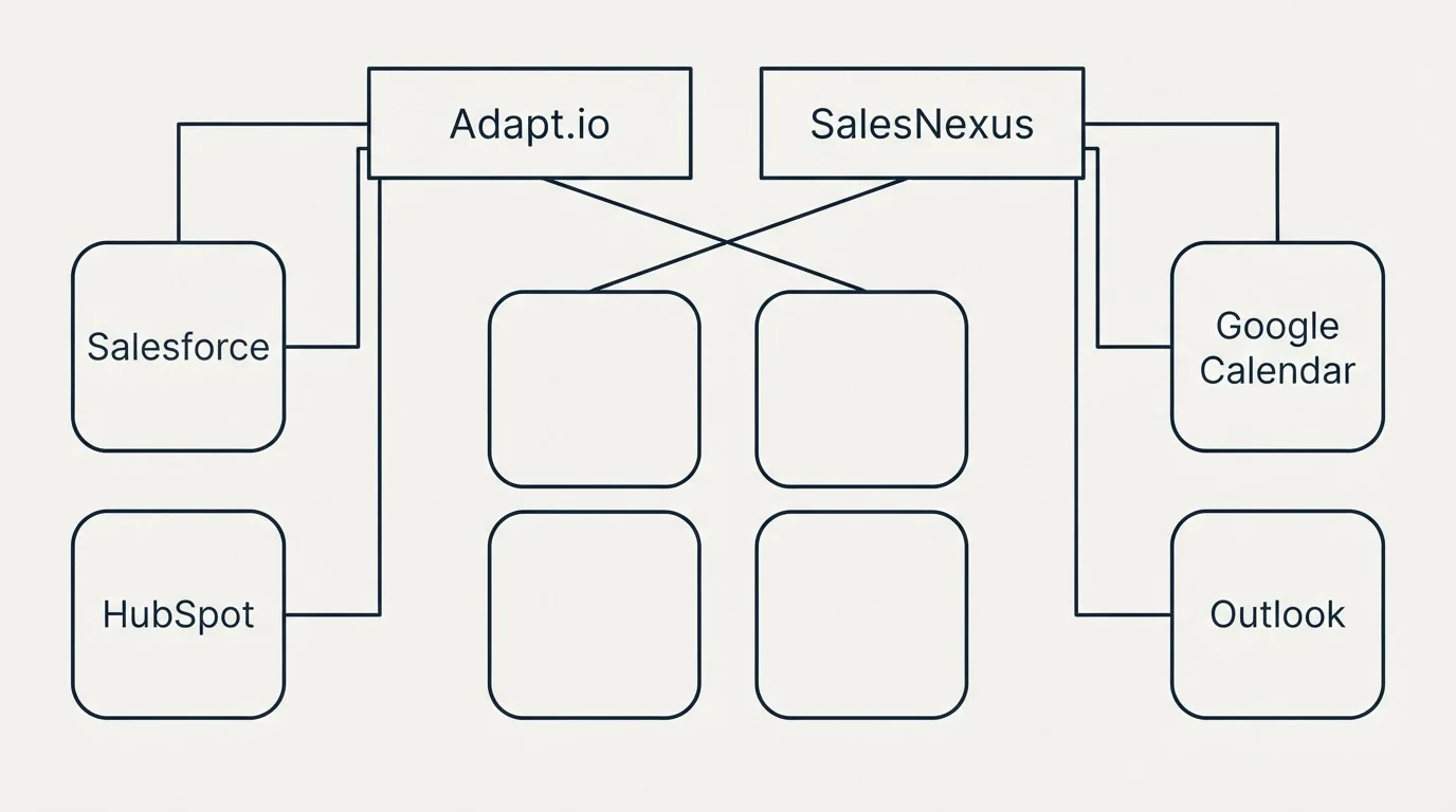 Integration grid: Integration Ecosystem (Adapt.io, SalesNexus, Salesforce, Google Calendar)