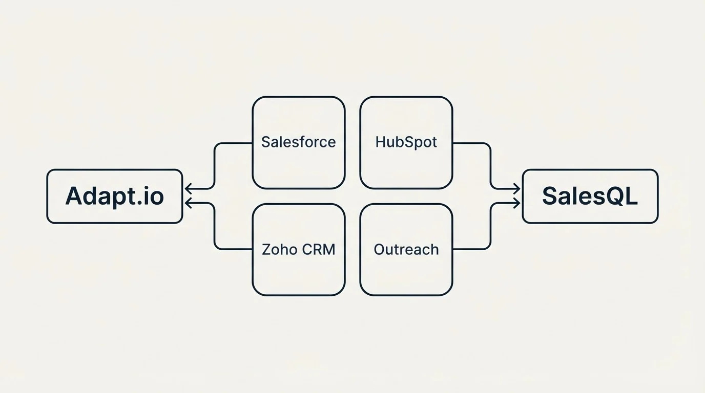 Integration schematic: Integration Ecosystem (Adapt.io, SalesQL, Salesforce, HubSpot)