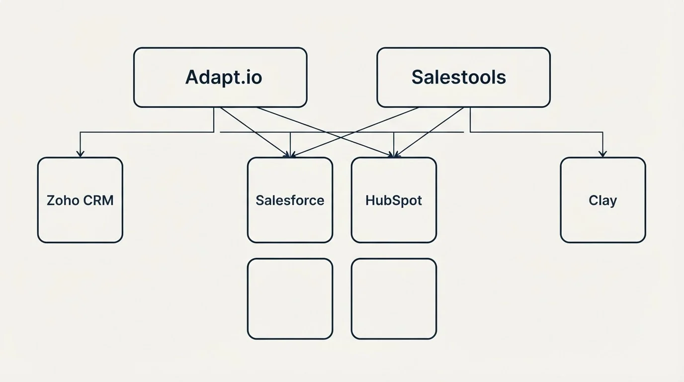 Integration grid: Integration Ecosystem (Adapt.io, Salestools, Salesforce, HubSpot)