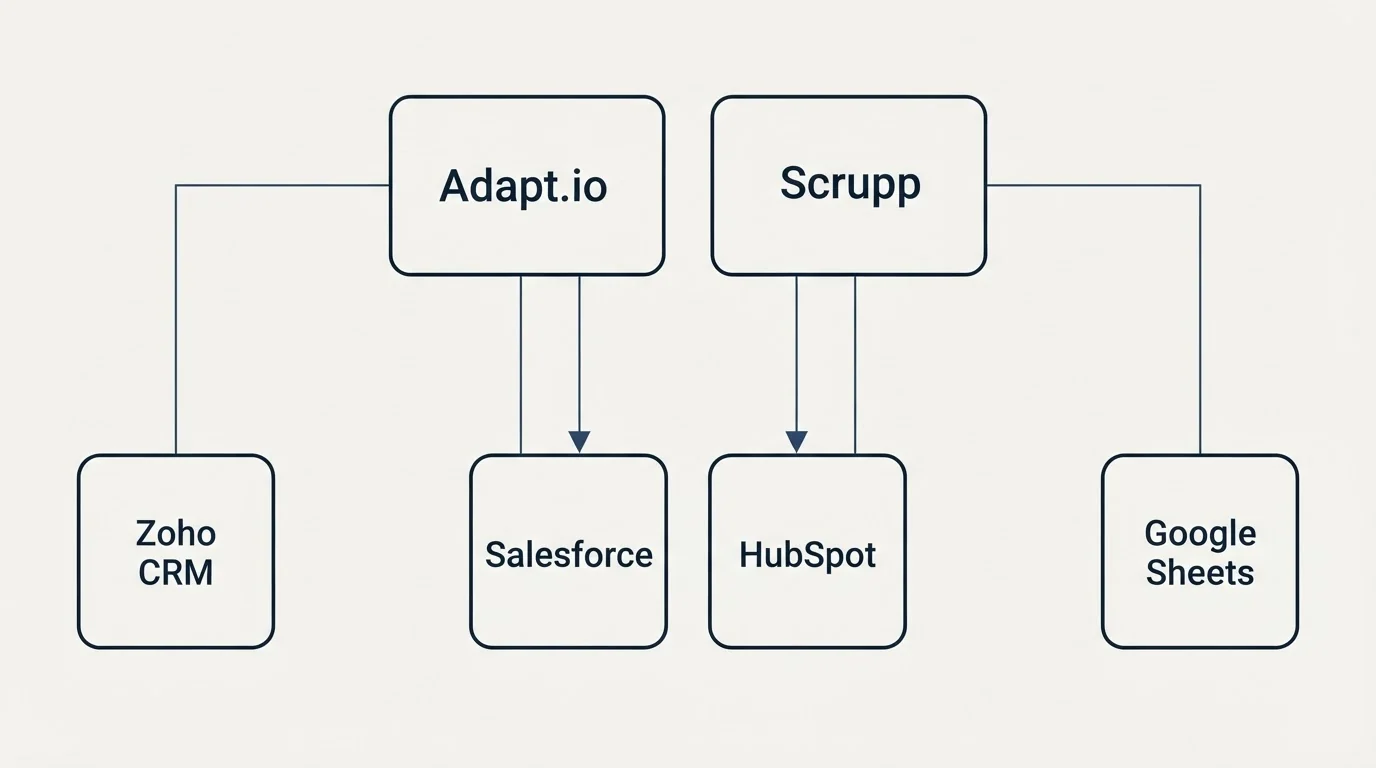 Integration grid: Integration Ecosystem (Adapt.io, Scrupp, Salesforce, HubSpot)