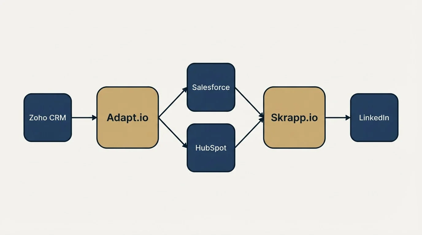 Integration schematic: Integration Ecosystem (Adapt.io, Skrapp.io, Salesforce, HubSpot)