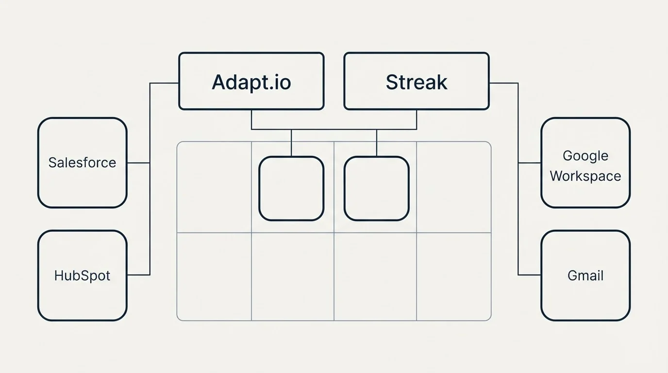 Integration grid: Integration Ecosystem (Adapt.io, Streak, Salesforce, Google Workspace)