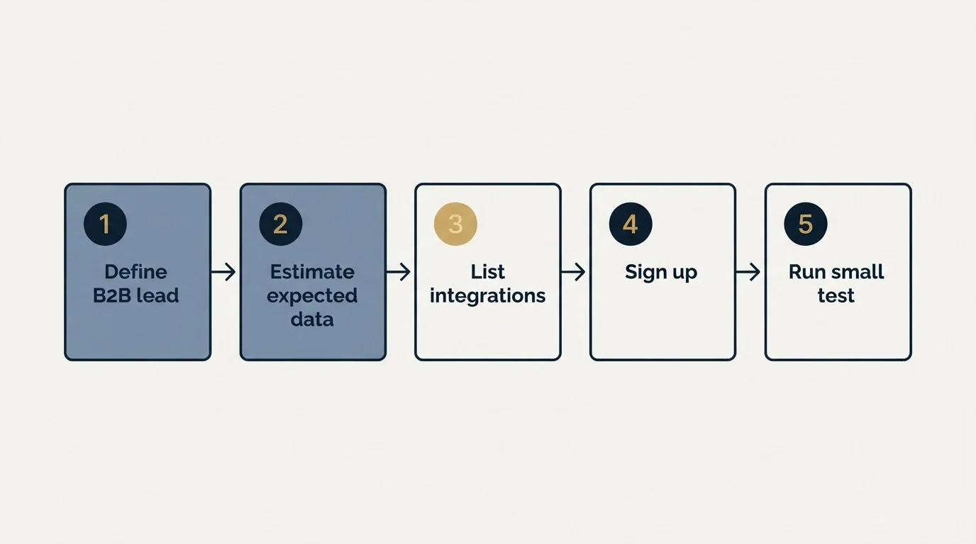 Step sequence: Getting Started Checklist (Define B2B lead, Estimate expected data, List integrations, Sign up)