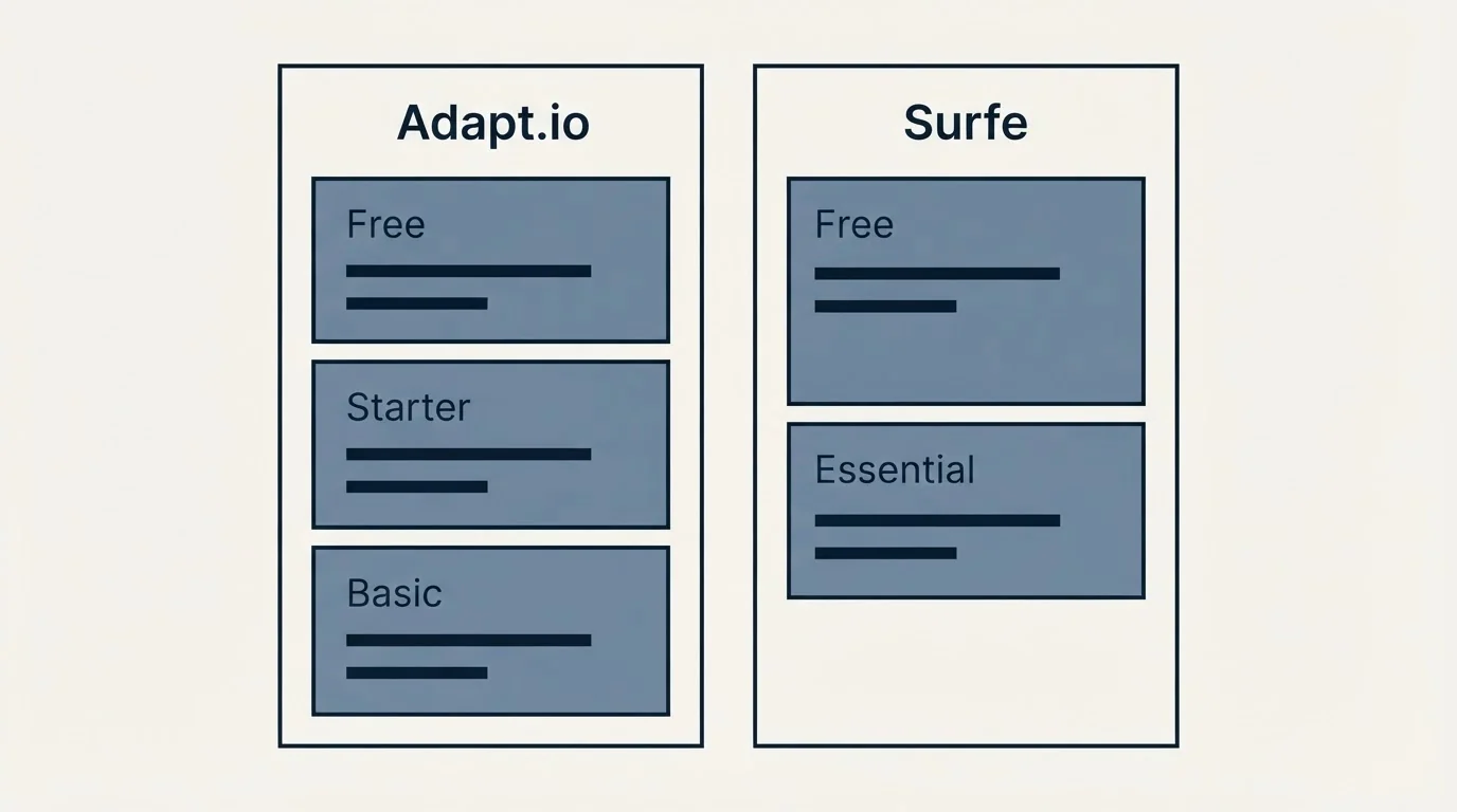 Pricing panels: Pricing Comparison (Adapt.io, Surfe, Free, Starter)