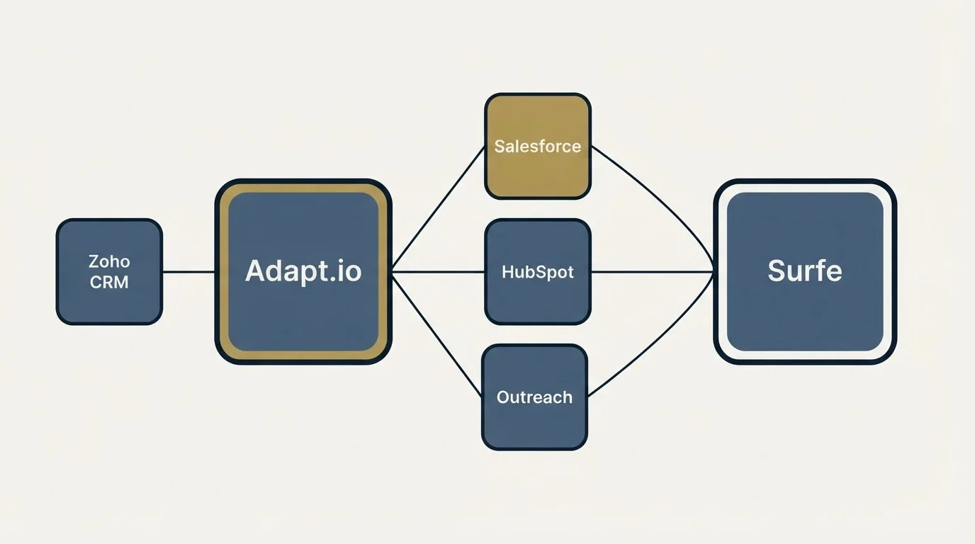 Integration schematic: Integration Ecosystem (Adapt.io, Surfe, Salesforce, HubSpot)