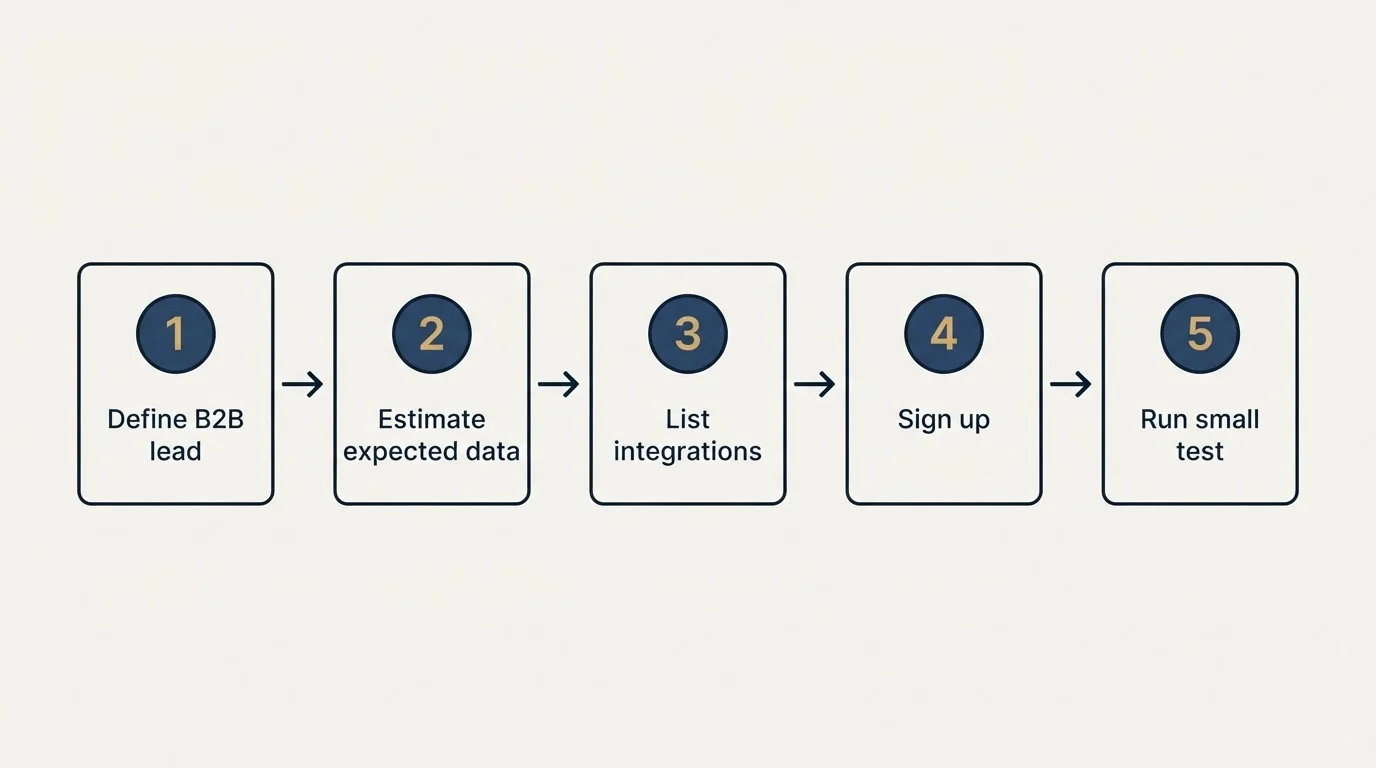 Step sequence: Getting Started Checklist (Define B2B lead, Estimate expected data, List integrations, Sign up)