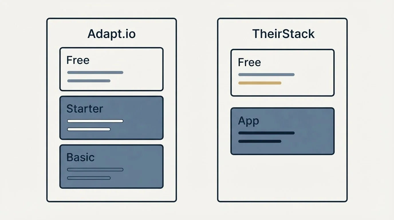 Pricing panels: Pricing Comparison (Adapt.io, TheirStack, Free, Starter)