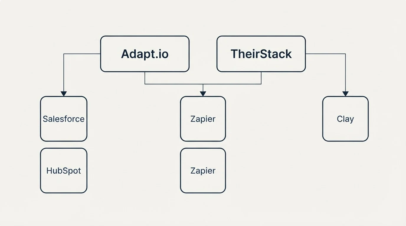Integration grid: Integration Ecosystem (Adapt.io, TheirStack, Zapier, Salesforce)