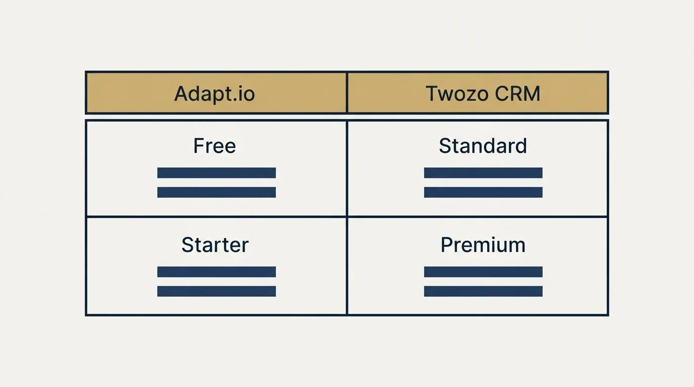 Pricing table: Pricing Comparison (Adapt.io, Twozo CRM, Free, Standard)