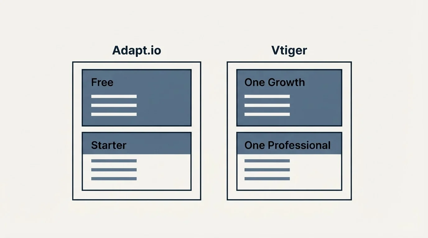 Pricing panels: Pricing Comparison (Adapt.io, Vtiger, Free, One Growth)