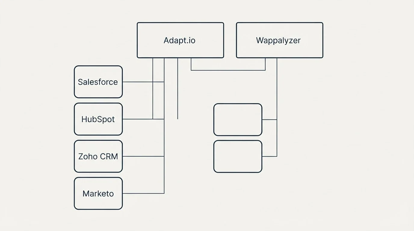 Integration grid: Integration Ecosystem (Adapt.io, Wappalyzer, Salesforce, HubSpot)