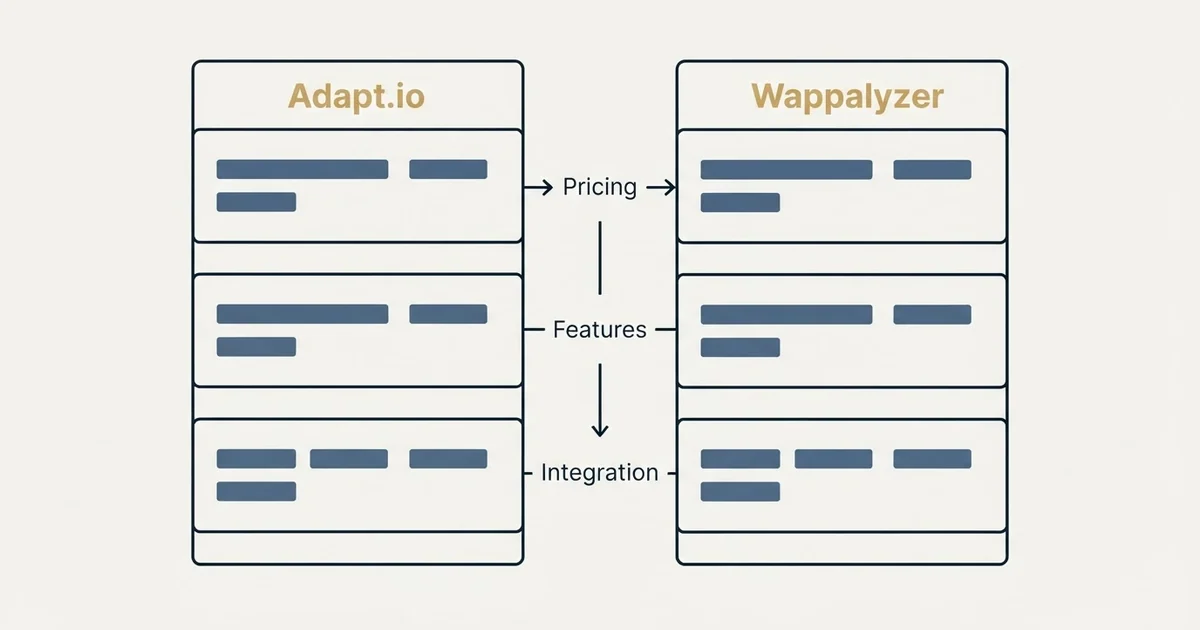 Comparison panel: Adapt.io vs Wappalyzer (Pricing, Features, Integration)