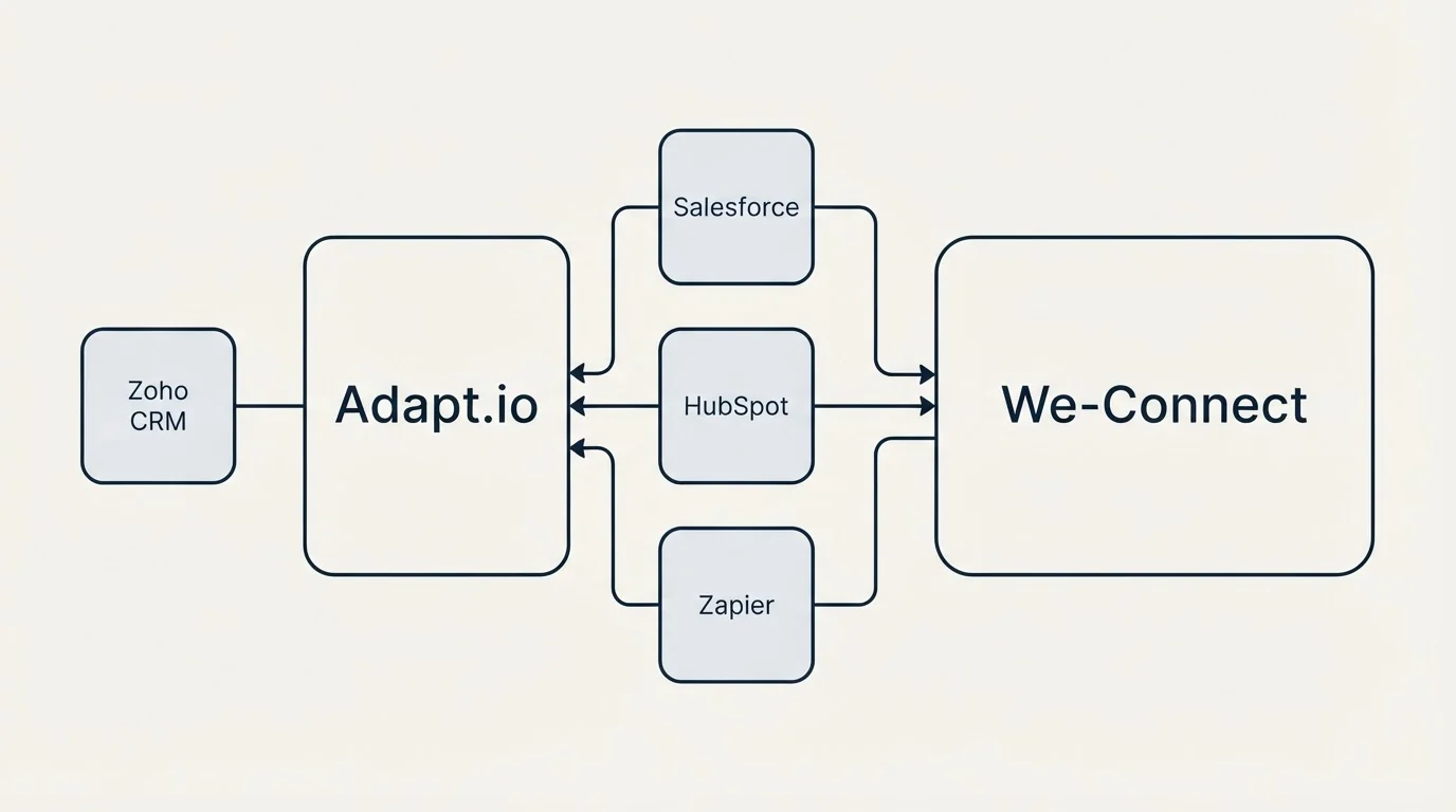 Integration schematic: Integration Ecosystem (Adapt.io, We-Connect, Salesforce, HubSpot)