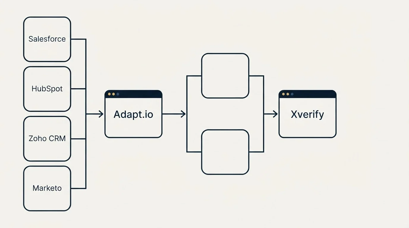 Integration flow: Integration Ecosystem (Adapt.io, Xverify, Salesforce, HubSpot)