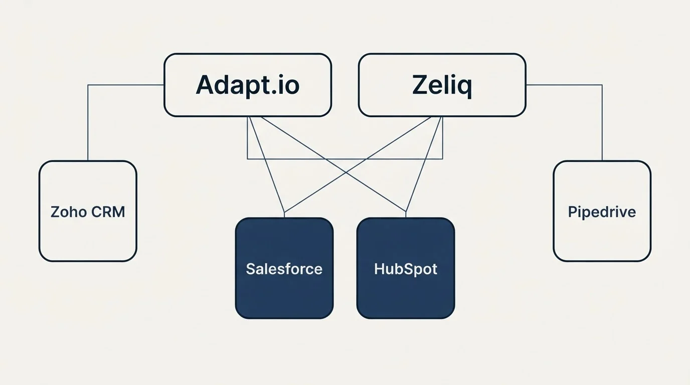 Integration grid: Integration Ecosystem (Adapt.io, Zeliq, Salesforce, HubSpot)