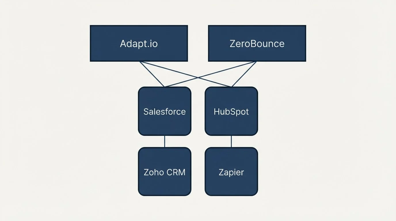 Integration grid: Integration Ecosystem (Adapt.io, ZeroBounce, Salesforce, HubSpot)