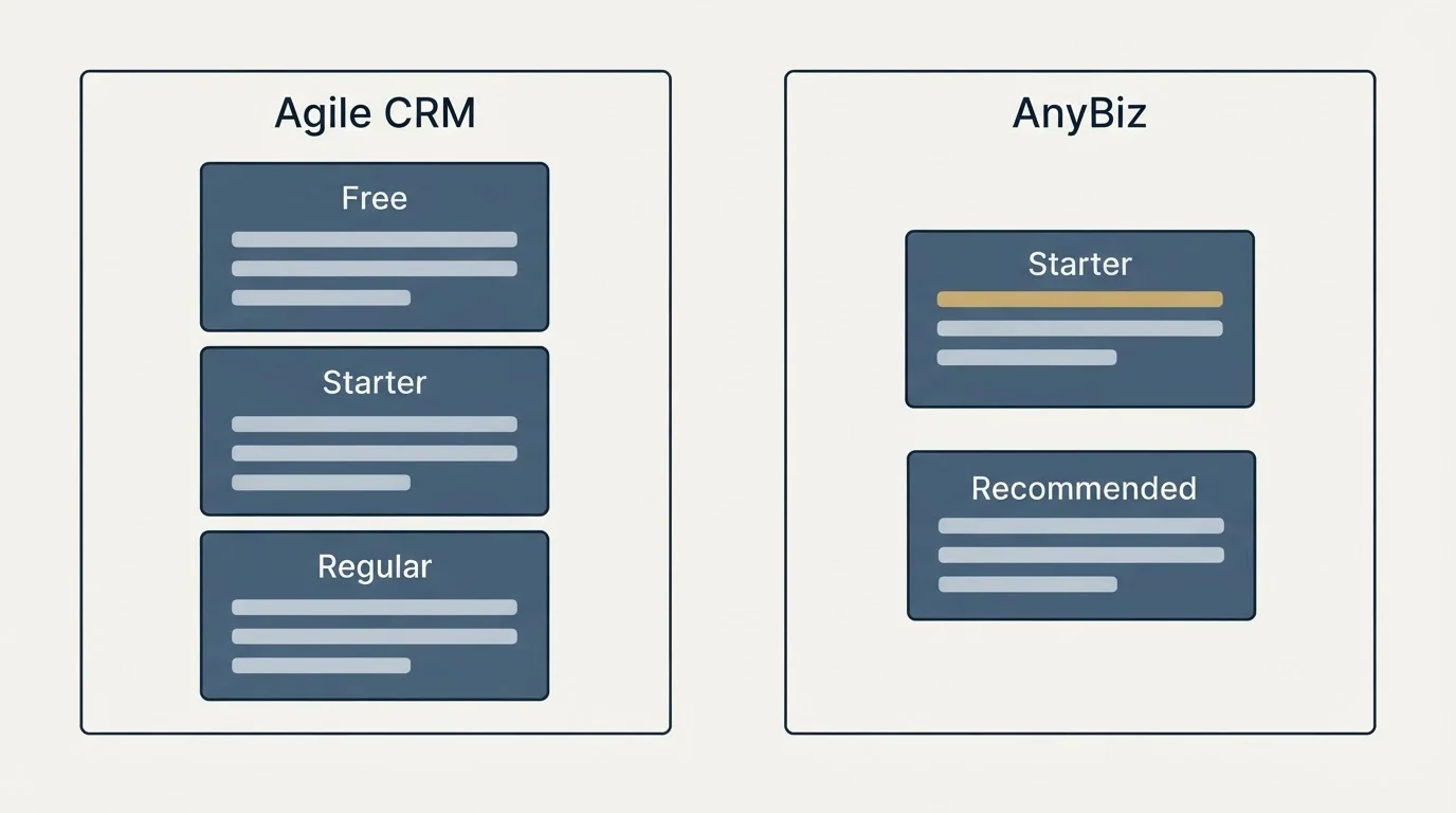 Pricing panels: Pricing Comparison (Agile CRM, AnyBiz, Free, Starter)