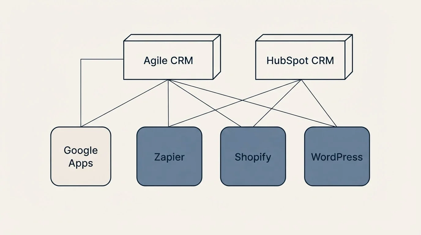 Integration grid: Integration Ecosystem (Agile CRM, HubSpot CRM, Zapier, Shopify)