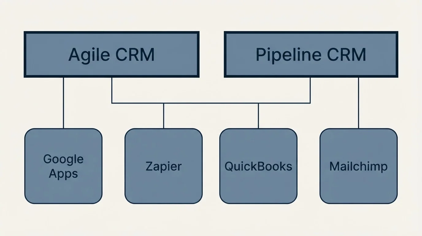 Integration grid: Integration Ecosystem (Agile CRM, Pipeline CRM, Zapier, QuickBooks)