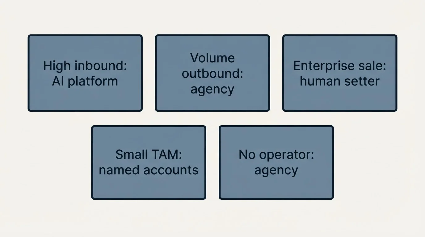 Schematic: The routing rule (High inbound: AI platform, Volume outbound: agency, Enterprise sale: human setter, Small TAM: named accounts)