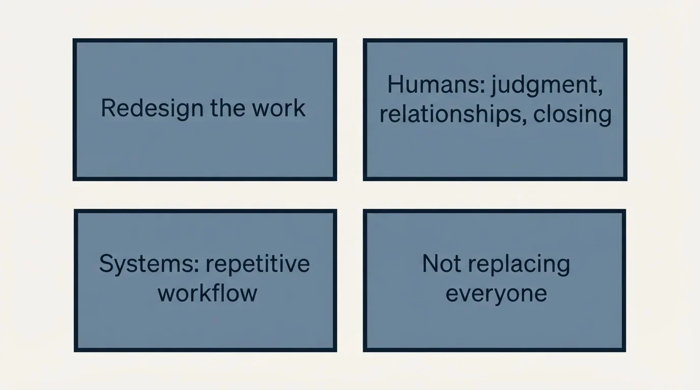 Schematic: The Prediction (Redesign the work, Humans: judgment, relationships, closing, Systems: repetitive workflow, Not replacing everyone)