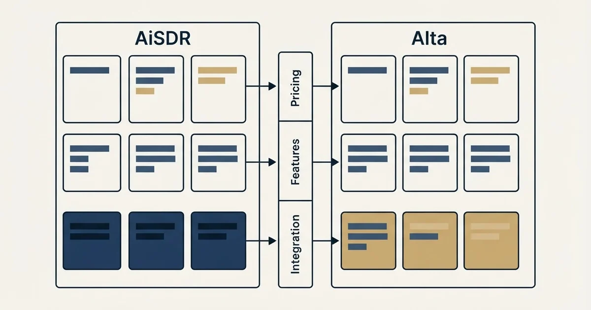 Comparison panel: AiSDR vs Alta (Pricing, Features, Integration)