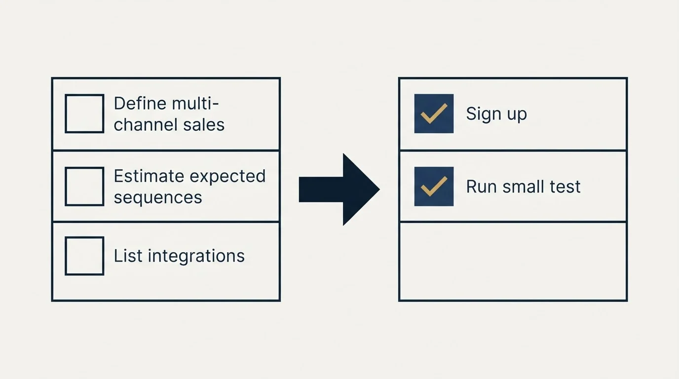 Before-and-after steps: Getting Started Checklist (Define multi-channel sales, Estimate expected sequences, List integrations, Sign up)