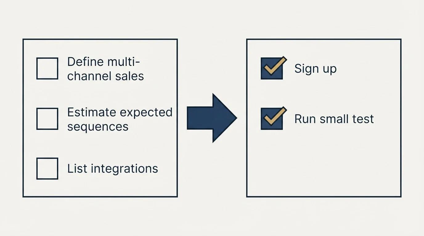 Before-and-after steps: Getting Started Checklist (Define multi-channel sales, Estimate expected sequences, List integrations, Sign up)