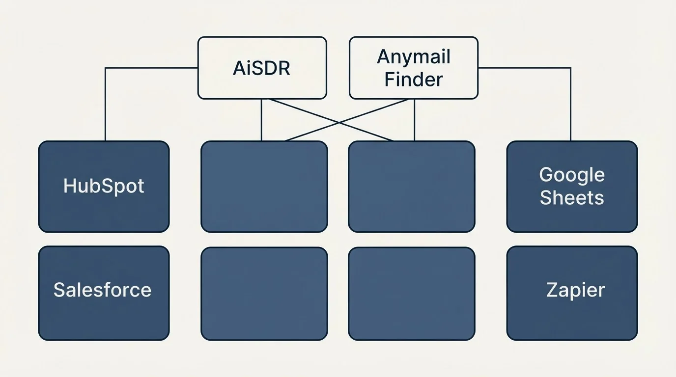 Integration grid: Integration Ecosystem (AiSDR, Anymail Finder, HubSpot, Google Sheets)