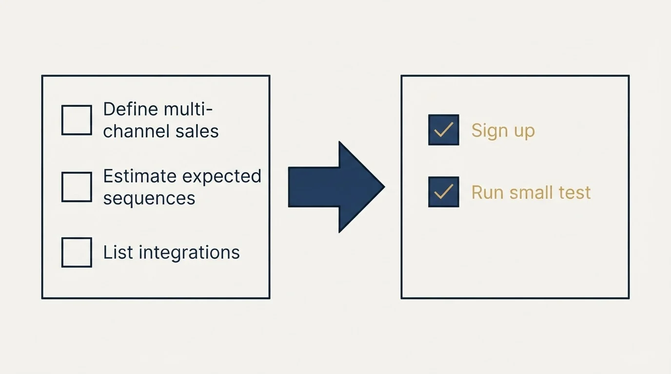 Before-and-after steps: Getting Started Checklist (Define multi-channel sales, Estimate expected sequences, List integrations, Sign up)