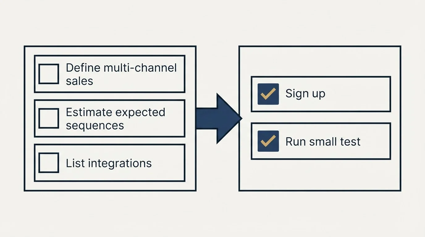 Before-and-after steps: Getting Started Checklist (Define multi-channel sales, Estimate expected sequences, List integrations, Sign up)