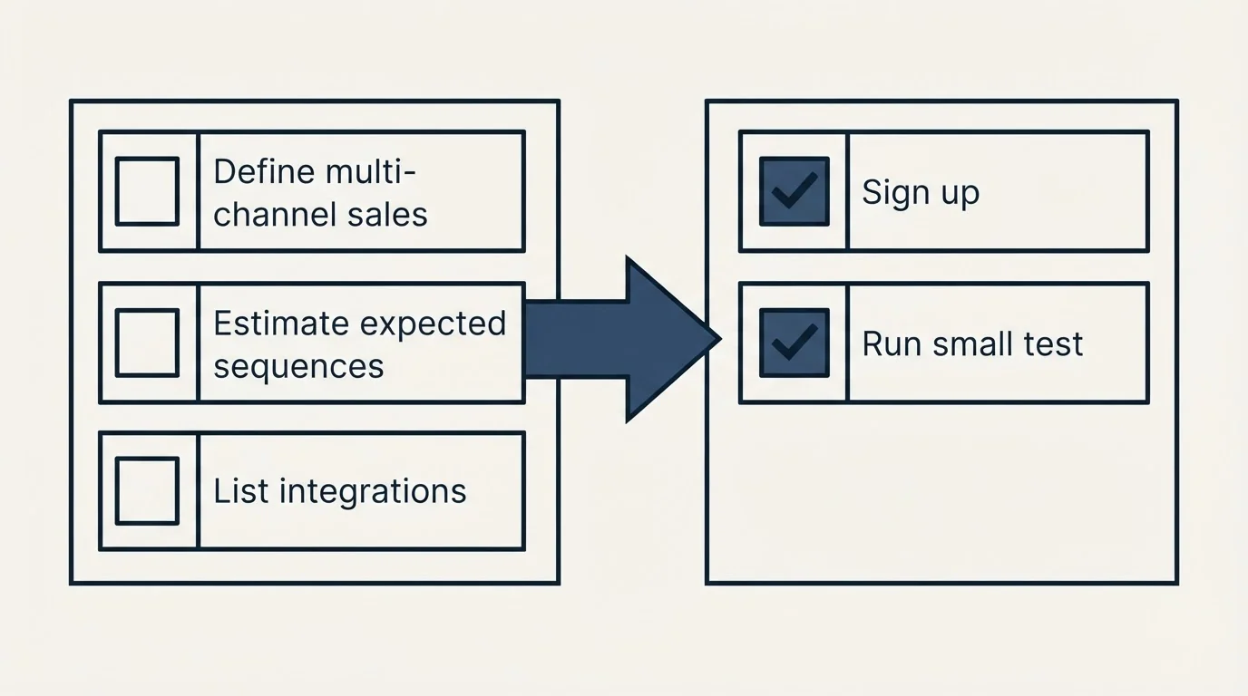 Before-and-after steps: Getting Started Checklist (Define multi-channel sales, Estimate expected sequences, List integrations, Sign up)