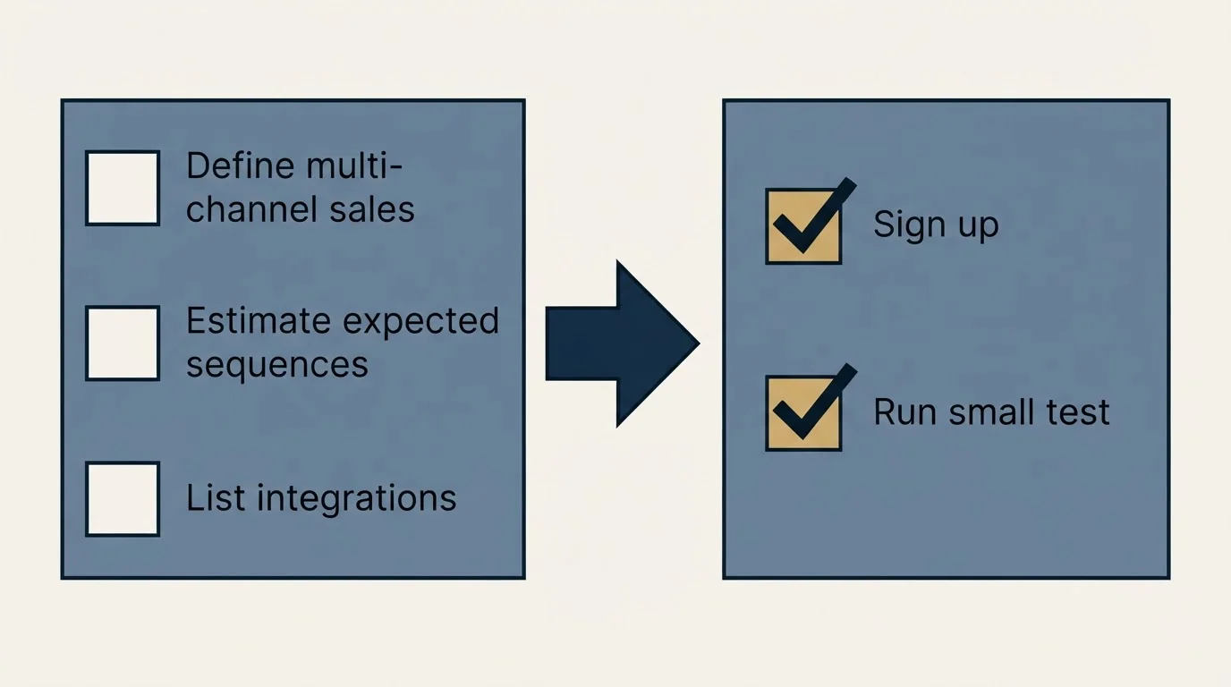Before-and-after steps: Getting Started Checklist (Define multi-channel sales, Estimate expected sequences, List integrations, Sign up)