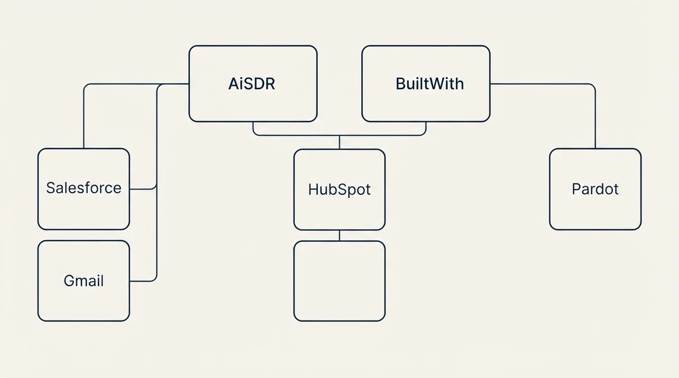 Integration grid: Integration Ecosystem (AiSDR, BuiltWith, HubSpot, Salesforce)