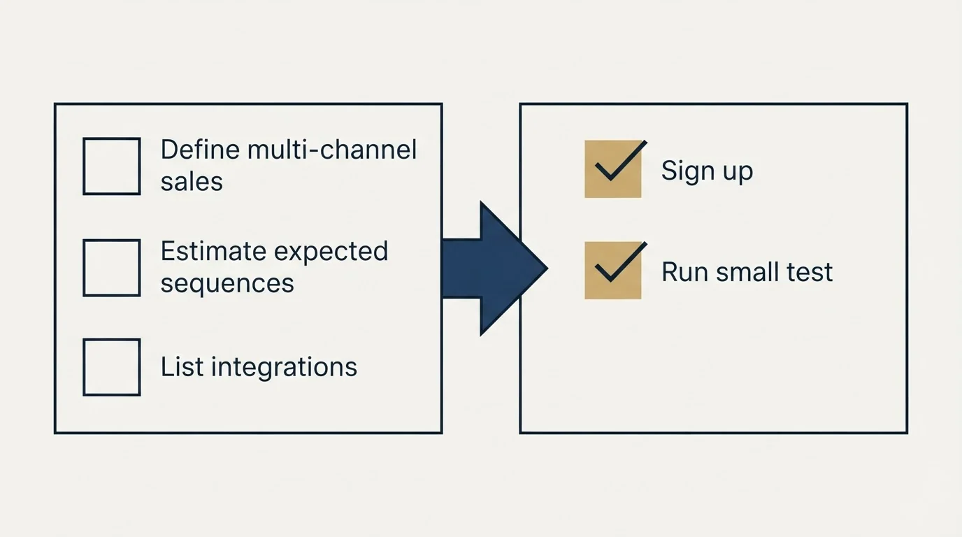 Before-and-after steps: Getting Started Checklist (Define multi-channel sales, Estimate expected sequences, List integrations, Sign up)