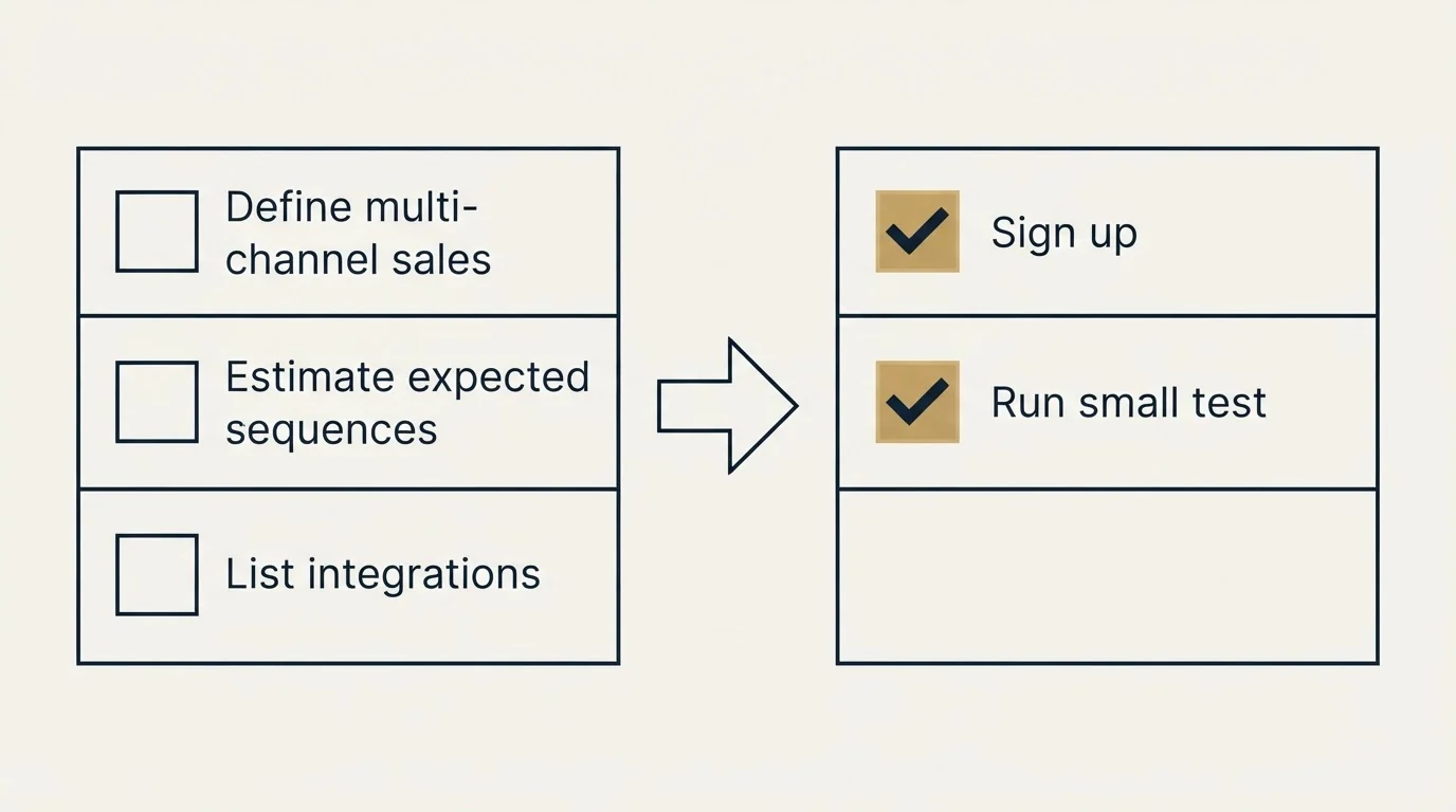 Before-and-after steps: Getting Started Checklist (Define multi-channel sales, Estimate expected sequences, List integrations, Sign up)