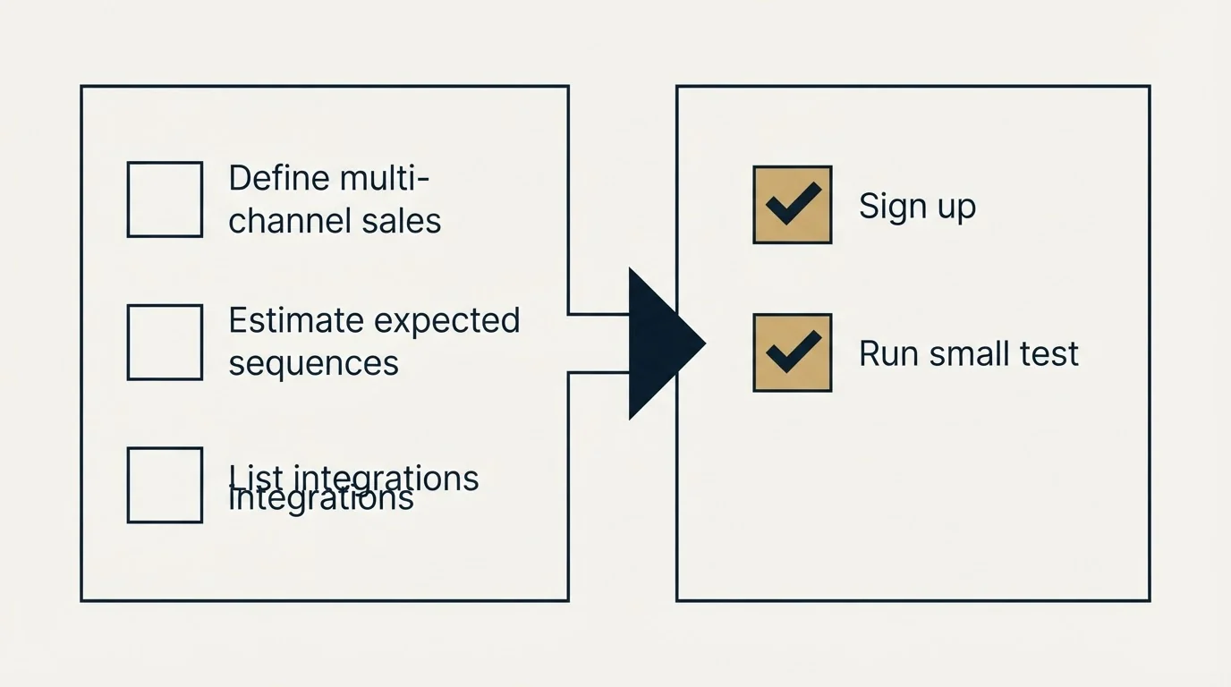 Before-and-after steps: Getting Started Checklist (Define multi-channel sales, Estimate expected sequences, List integrations, Sign up)