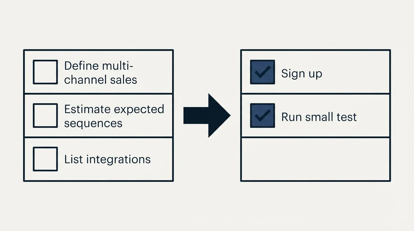 Before-and-after steps: Getting Started Checklist (Define multi-channel sales, Estimate expected sequences, List integrations, Sign up)