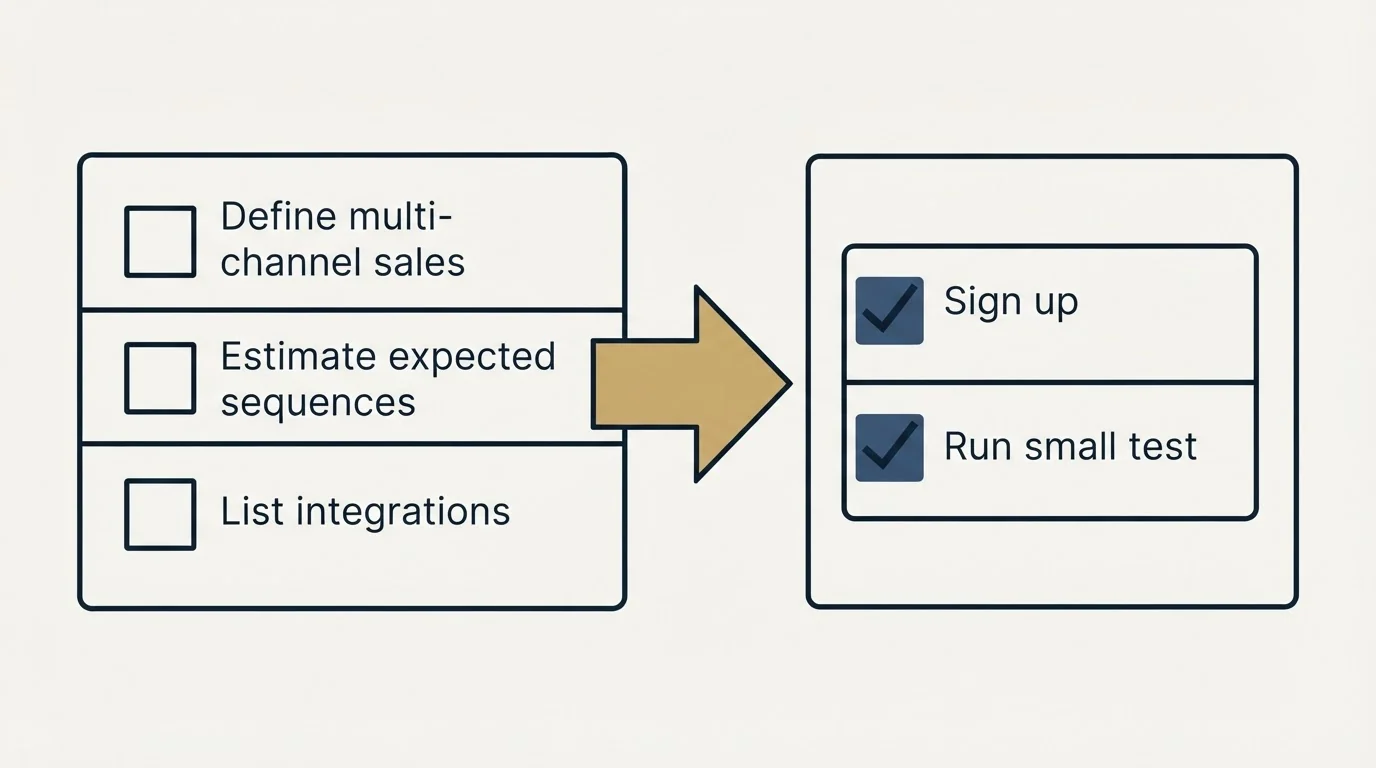 Before-and-after steps: Getting Started Checklist (Define multi-channel sales, Estimate expected sequences, List integrations, Sign up)