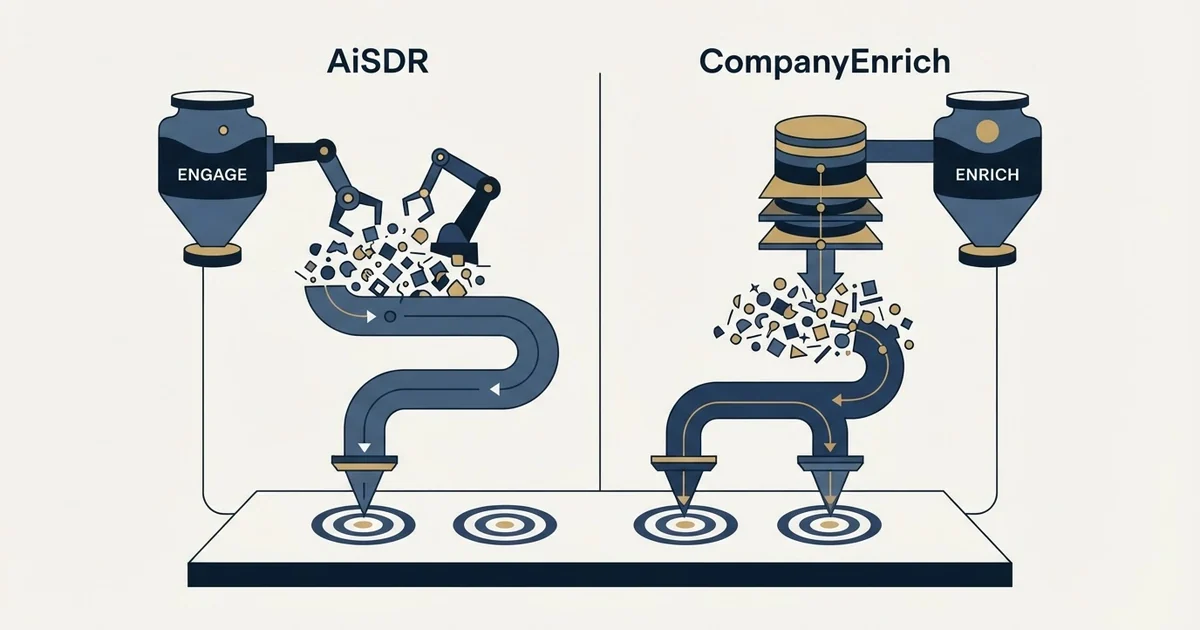 Editorial illustration for AiSDR vs CompanyEnrich