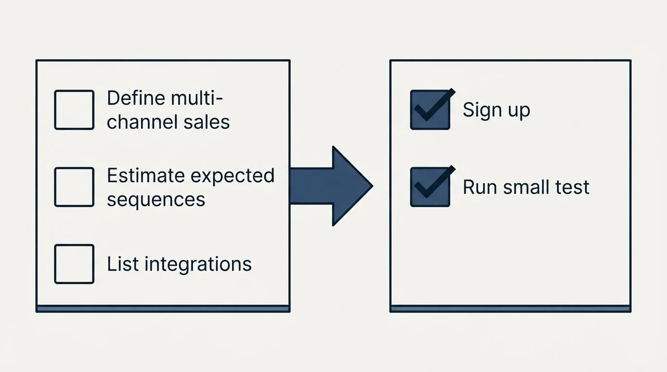 Before-and-after steps: Getting Started Checklist (Define multi-channel sales, Estimate expected sequences, List integrations, Sign up)