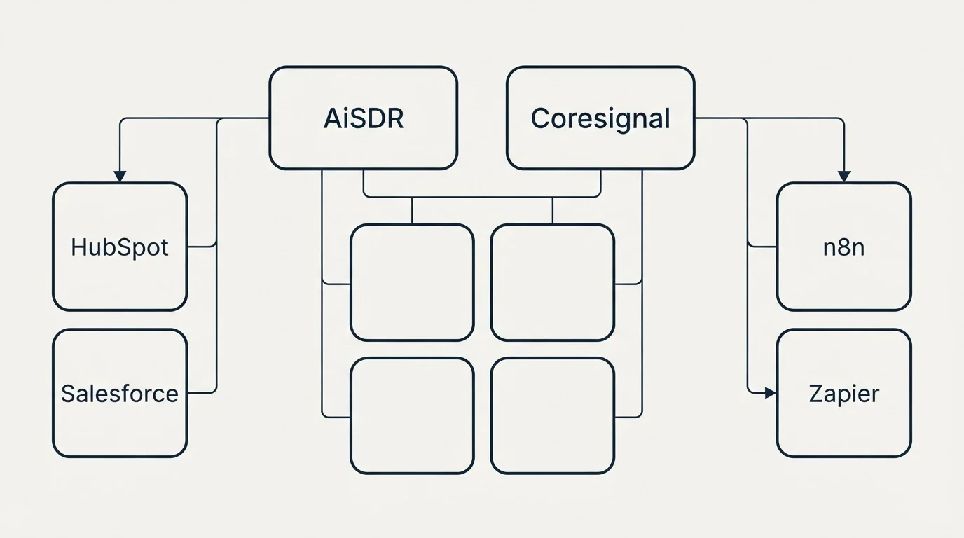 Integration grid: Integration Ecosystem (AiSDR, Coresignal, HubSpot, n8n)