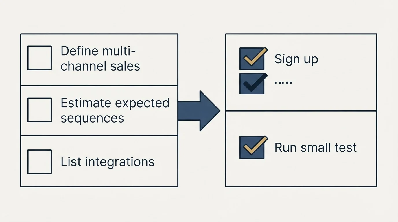 Before-and-after steps: Getting Started Checklist (Define multi-channel sales, Estimate expected sequences, List integrations, Sign up)